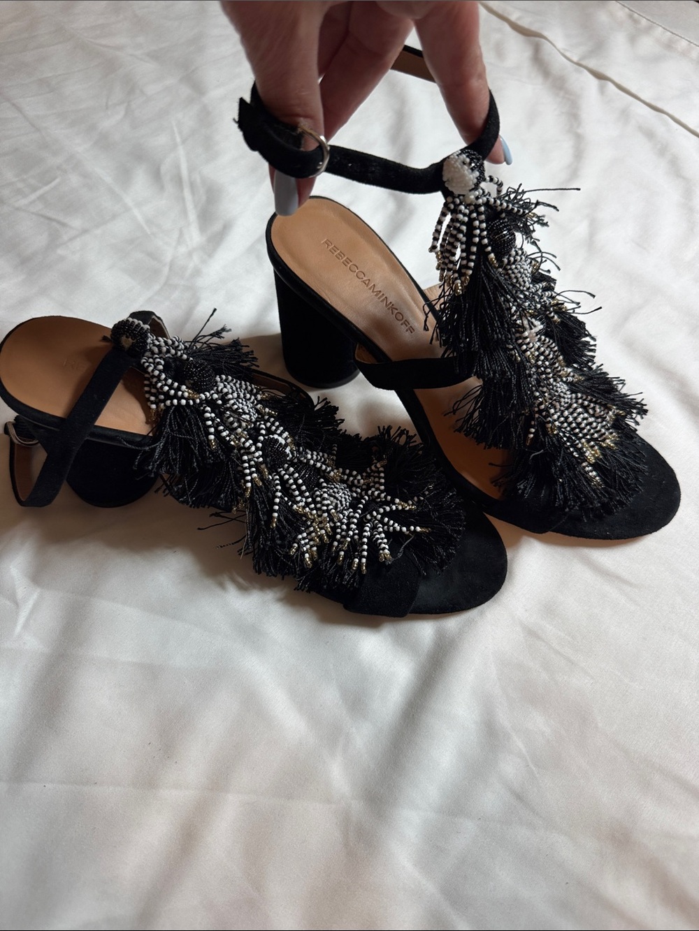 Rebecca Minkoff Black Beaded Fringe Block Heel Sandals